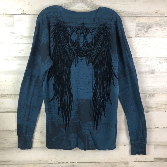 Affliction Shirt Thermal Long Sleeve Blue Wings Distressed Flocked Mens Size XL - Picture 3 of 11